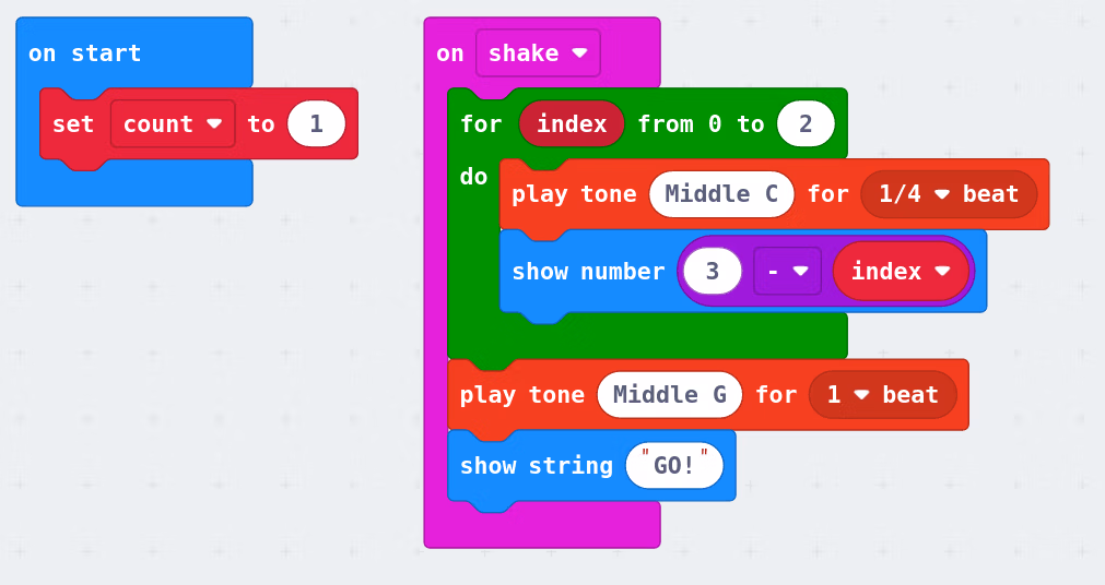Makecode editor with on start and on shake blocks