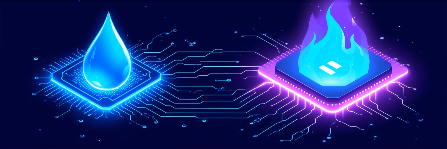 Drupal drop logo and Lit flame logo connected by a glowing WASM chip