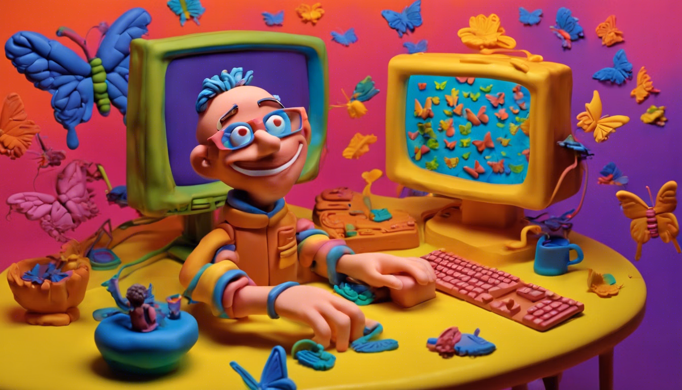 disabled programmer typing at a computer, the keyboard is at his fingers. he has a huge smile on his face, the screen is glowing brightly, butterflies and small birds are flying circles around the crt monitor