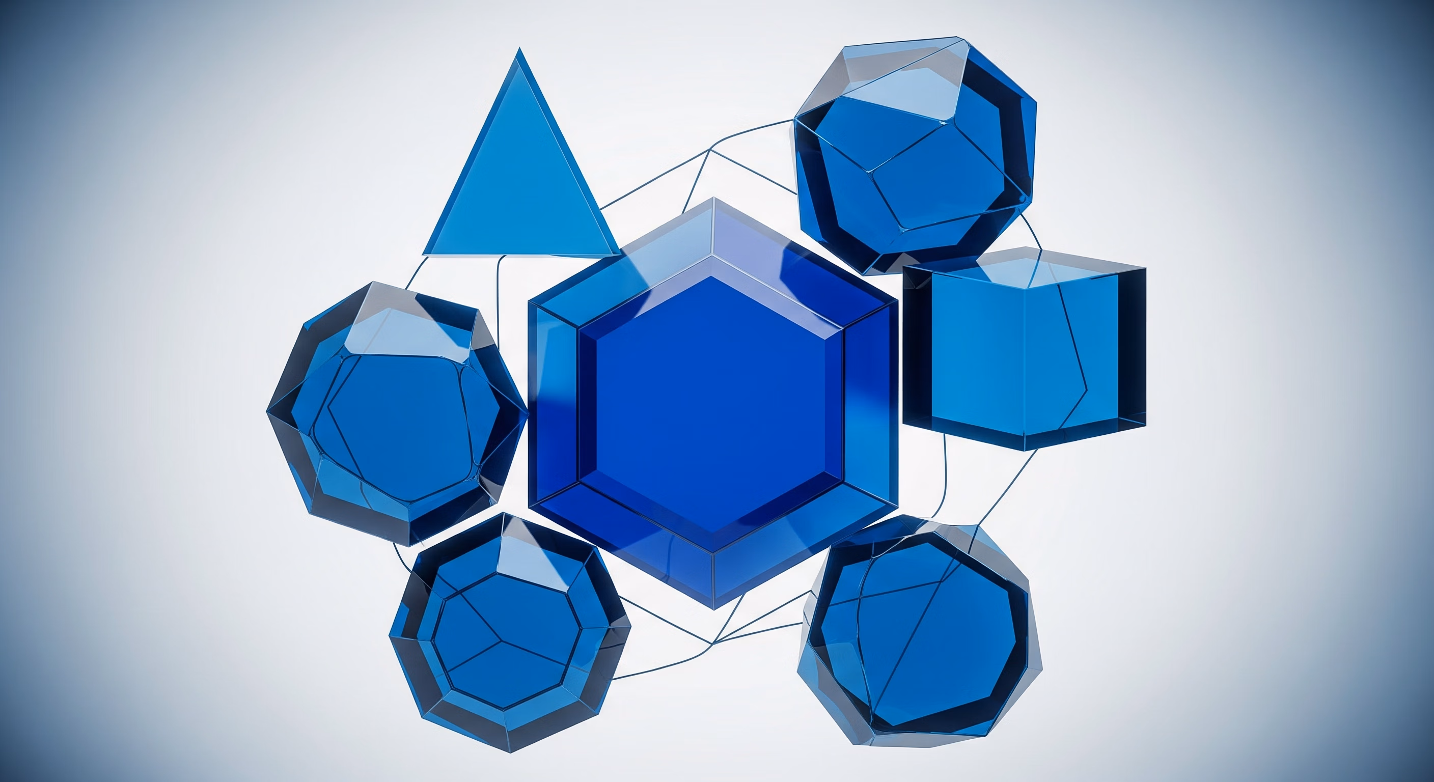 Geometric abstract composition featuring interconnected platonic solids in harmonious arrangement. Multiple polyhedra (tetrahedron, cube, octahedron, dodecahedron, icosahedron) floating in space with subtle connecting lines or energy flows between them, suggesting collaborative interaction.
