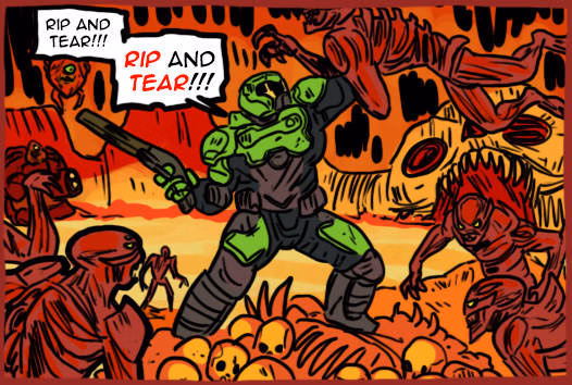 cartoon of doom guy from doom 2016, saying "rip and tear!!!"