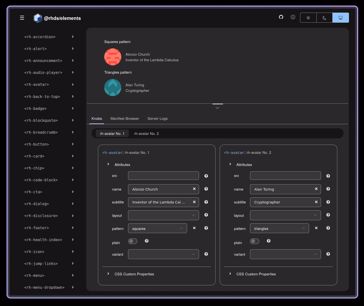 Screenshot of cem dev server with an rh-avatar demo and knobs visible