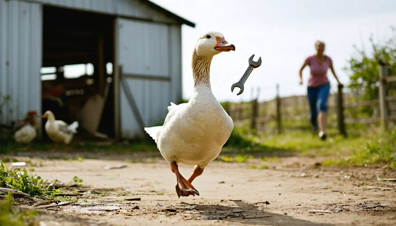 A cheeky goose runs away from a workshed with a stolen spanner, in the background, the human owner gives chase.