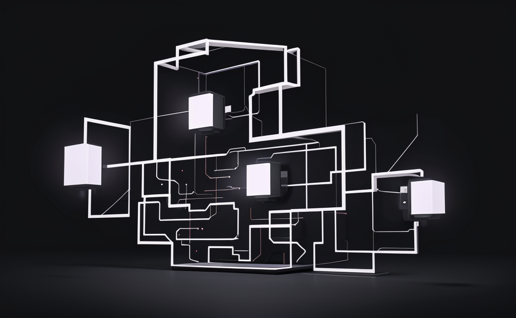 Abstract geometric composition of interlocking custom HTML elements forming a structure, represented as clean wireframe cubes and rectangles with <my-button> and custom element syntax floating around them, terminal window in background showing live-reload activity, modern tech aesthetic, dark background with neon accent highlights
