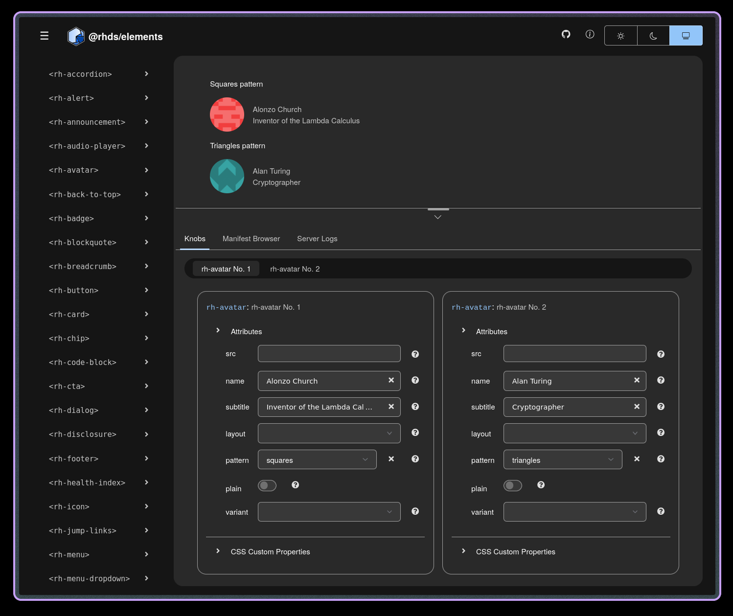 Screenshot of cem dev server with an rh-avatar demo and knobs visible