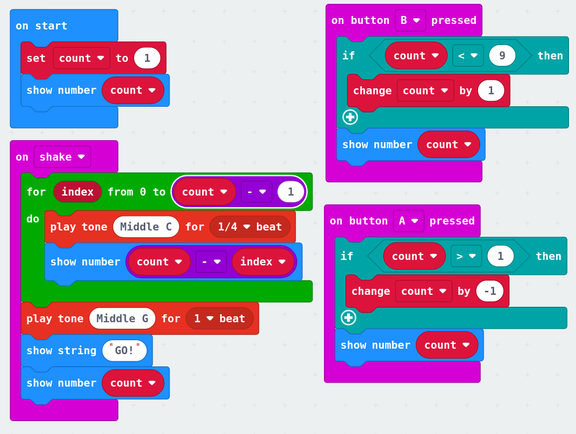 Makecode editor with on button a, button b, shake, and start blocks