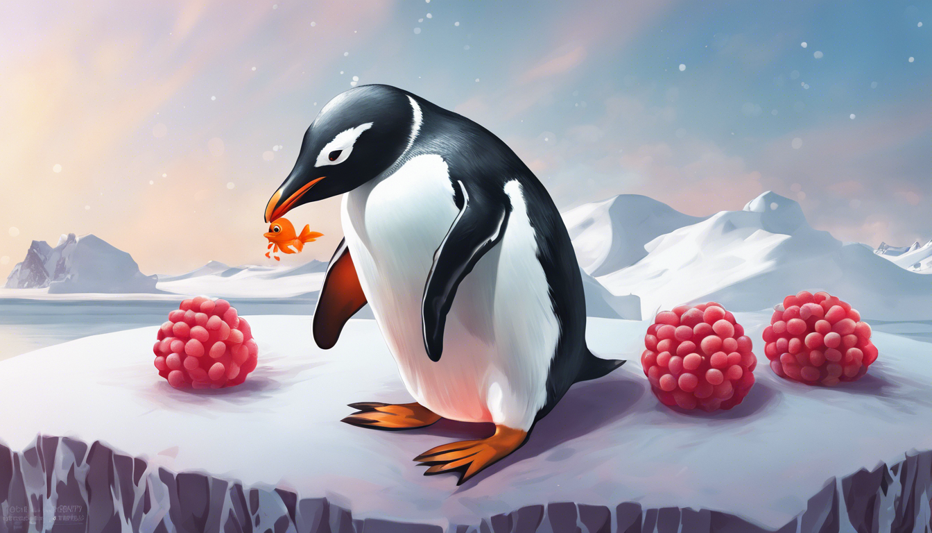 With a frozen antarctic vista in the background, a gentoo penguin is  chilling with some giant raspberries, with a flaming goldfish in its beak
