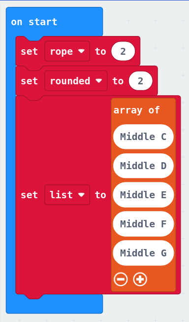 On start, set rope to 2, set rounded to 2, set list to array of Middle C Middle D Middle E Middle F Middle G