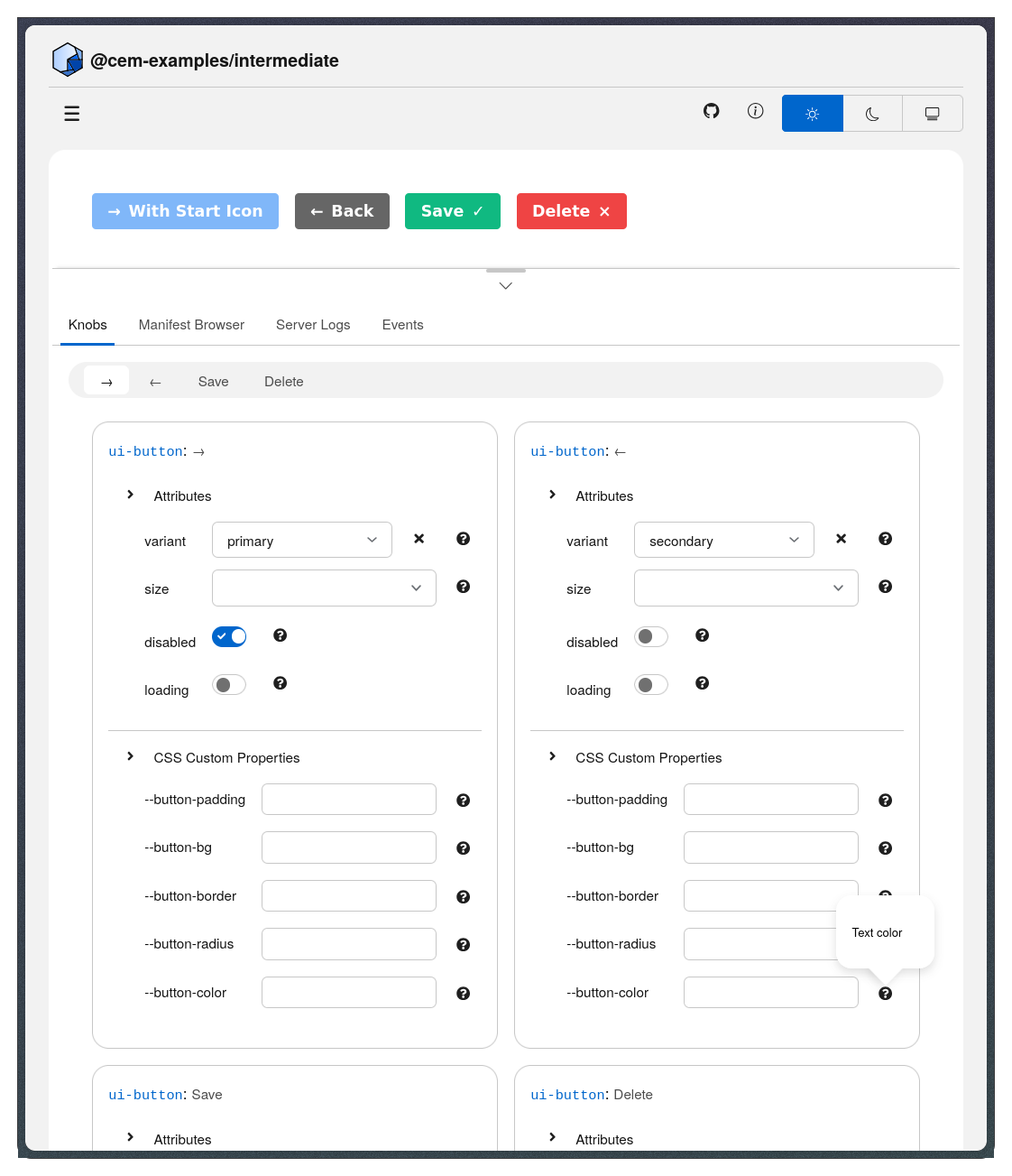 Screenshot of dev server with knobs shown