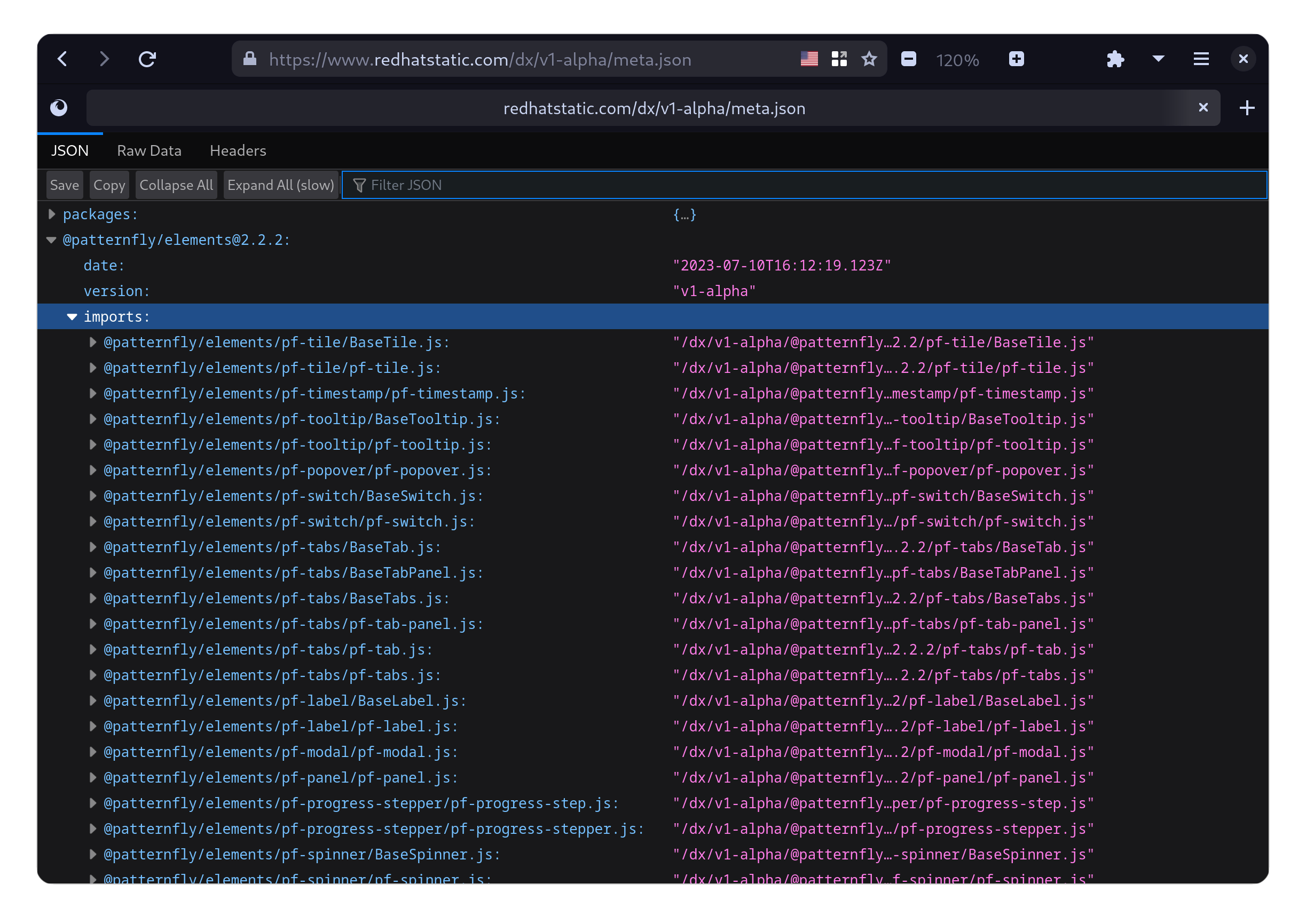 Screenshot of firefox' JSON inspector showing meta data for the design systems CDN: multiple packages each with a manifest of import paths